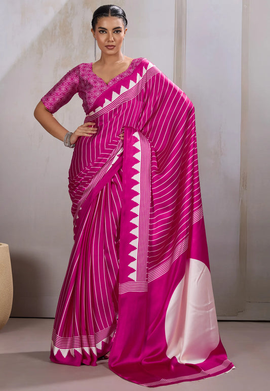 Rani Ajrakh Print in Modal Silk Saree With Blouse Piece