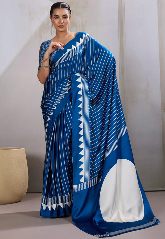 Blue Ajrakh Print in Modal Silk Saree With Blouse Piece