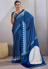 Blue Ajrakh Print in Modal Silk Saree With Blouse Piece
