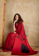 Red Ajrakh Print in Modal Silk Saree With Blouse Piece
