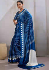 Blue Ajrakh Print in Modal Silk Saree With Blouse Piece