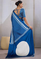 Blue Ajrakh Print in Modal Silk Saree With Blouse Piece
