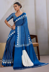 Blue Ajrakh Print in Modal Silk Saree With Blouse Piece