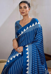 Blue Ajrakh Print in Modal Silk Saree With Blouse Piece
