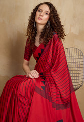 Red Ajrakh Print in Modal Silk Saree With Blouse Piece