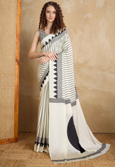 White Ajrakh Print in Modal Silk Saree With Blouse Piece