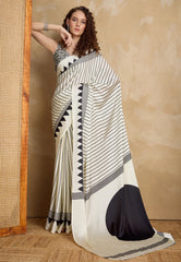 White Ajrakh Print in Modal Silk Saree With Blouse Piece
