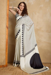 White Ajrakh Print in Modal Silk Saree With Blouse Piece