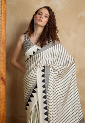 White Ajrakh Print in Modal Silk Saree With Blouse Piece