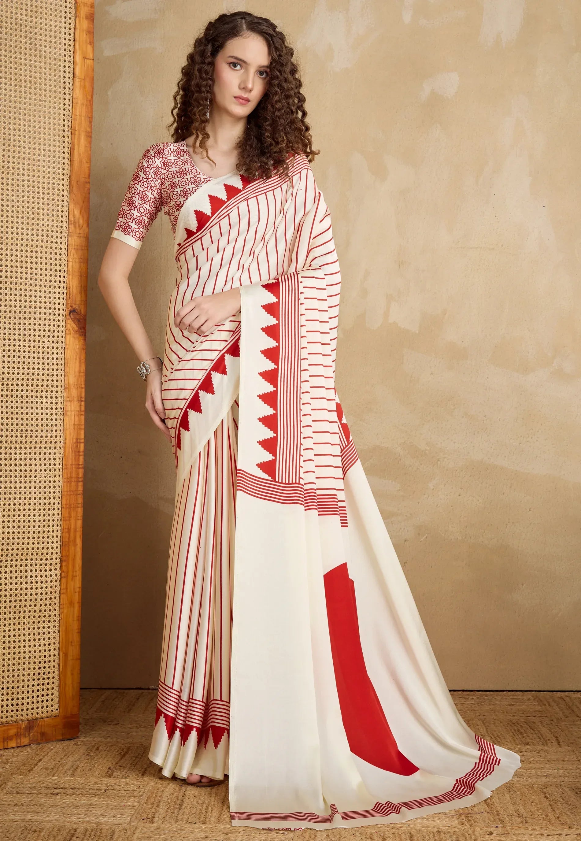 White Ajrakh Print in Modal Silk Saree With Blouse Piece - Adi Akshoy & Co.
