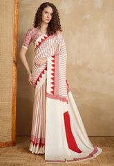 White Ajrakh Print in Modal Silk Saree With Blouse Piece - Adi Akshoy & Co.