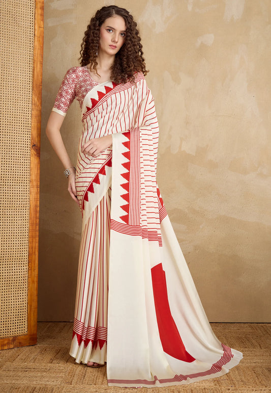 White Ajrakh Print in Modal Silk Saree With Blouse Piece - Adi Akshoy & Co.