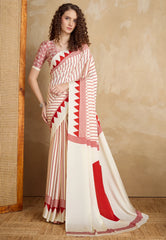 White Ajrakh Print in Modal Silk Saree With Blouse Piece - Adi Akshoy & Co.