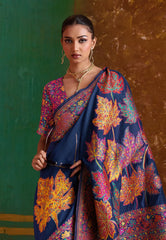 Navy Blue Kani Silk Saree with Blouse Piece - Adi Akshoy & Co.