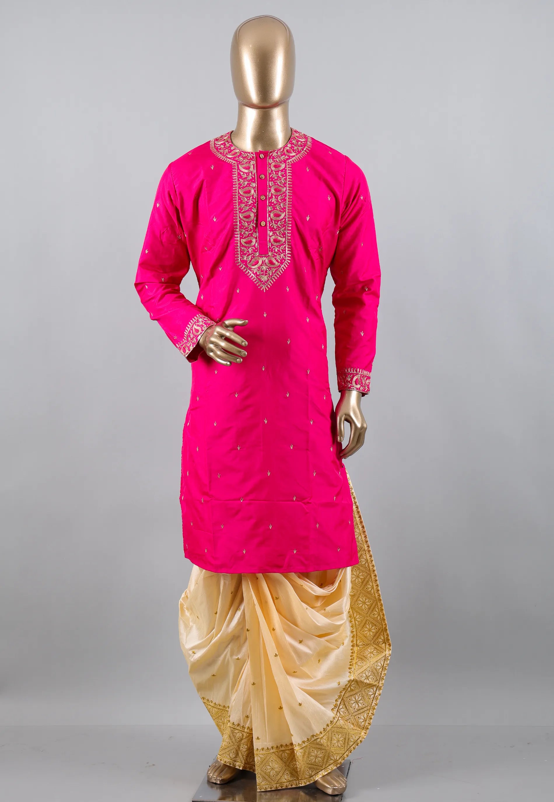 Rani colour Punjabi with Golden Zari work - Adi Akshoy & Co.