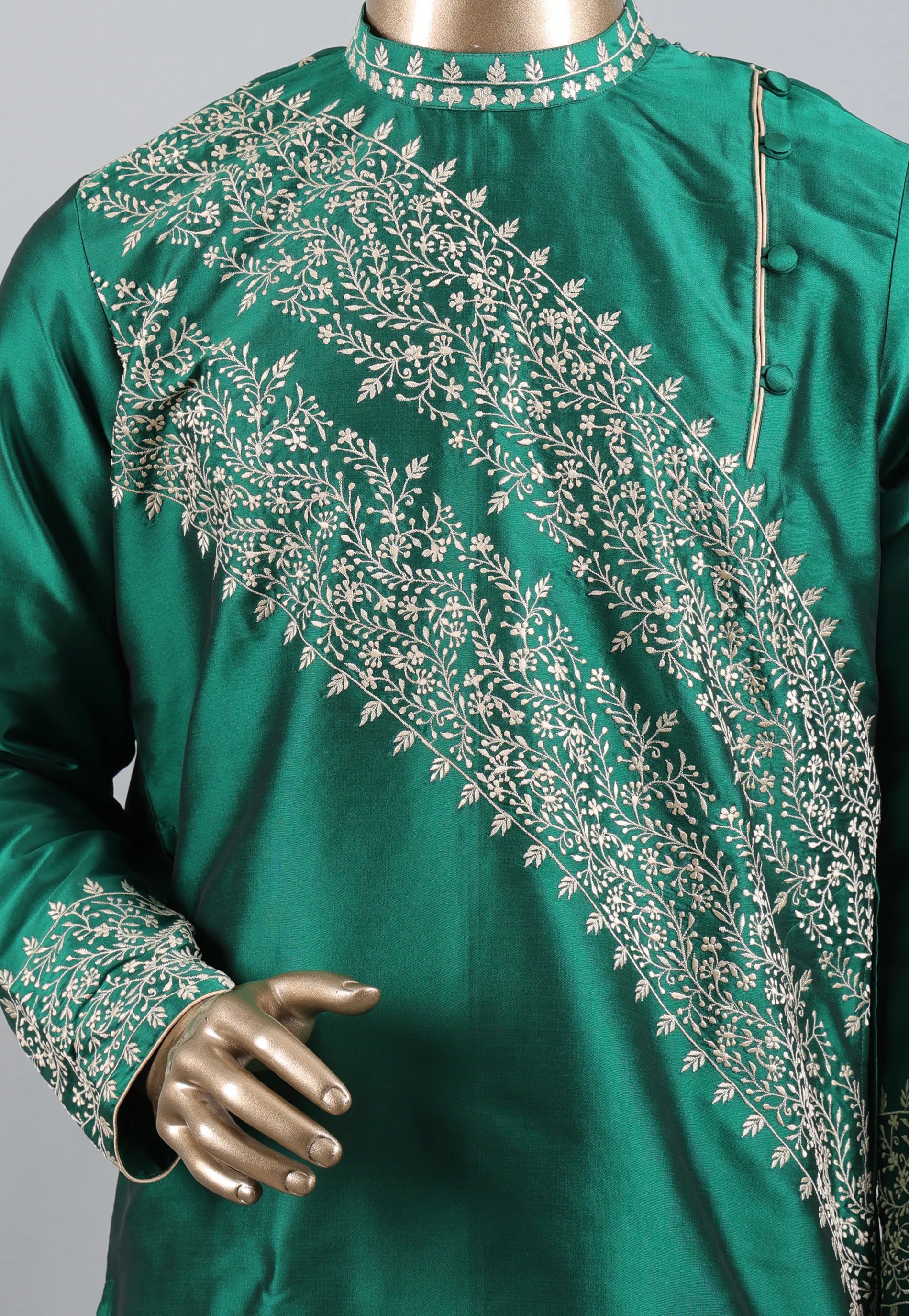 Bottle Green colour Punjabi with Silver Zari work - Adi Akshoy & Co.
