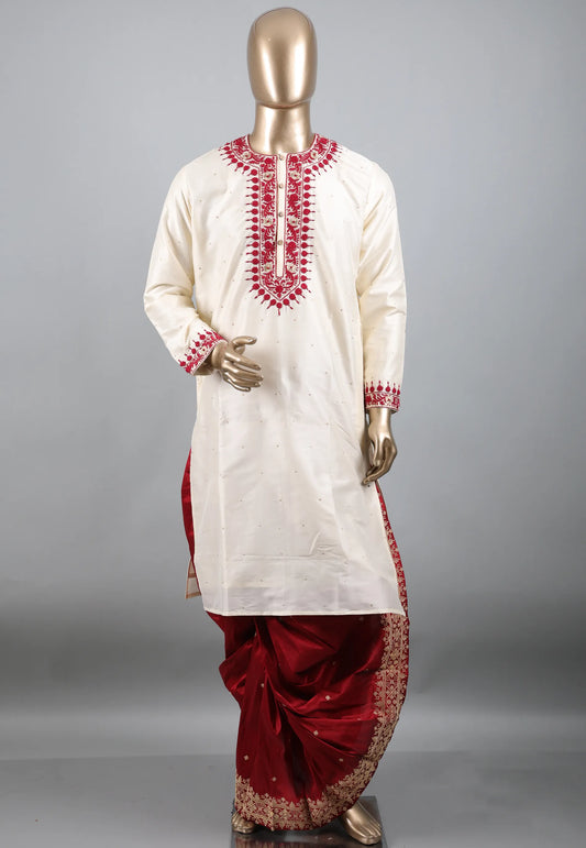 White Punjabi with Red Embroidery Work - Adi Akshoy & Co.