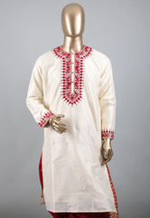 White Punjabi with Red Embroidery Work - Adi Akshoy & Co.