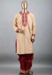 Beige Punjabi with Red Embroidery Work - Adi Akshoy & Co.