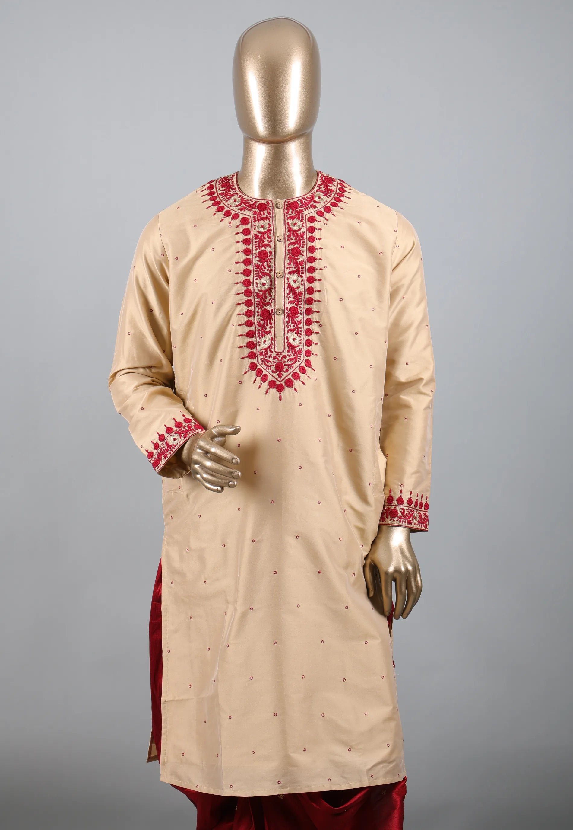 Beige Punjabi with Red Embroidery Work - Adi Akshoy & Co.