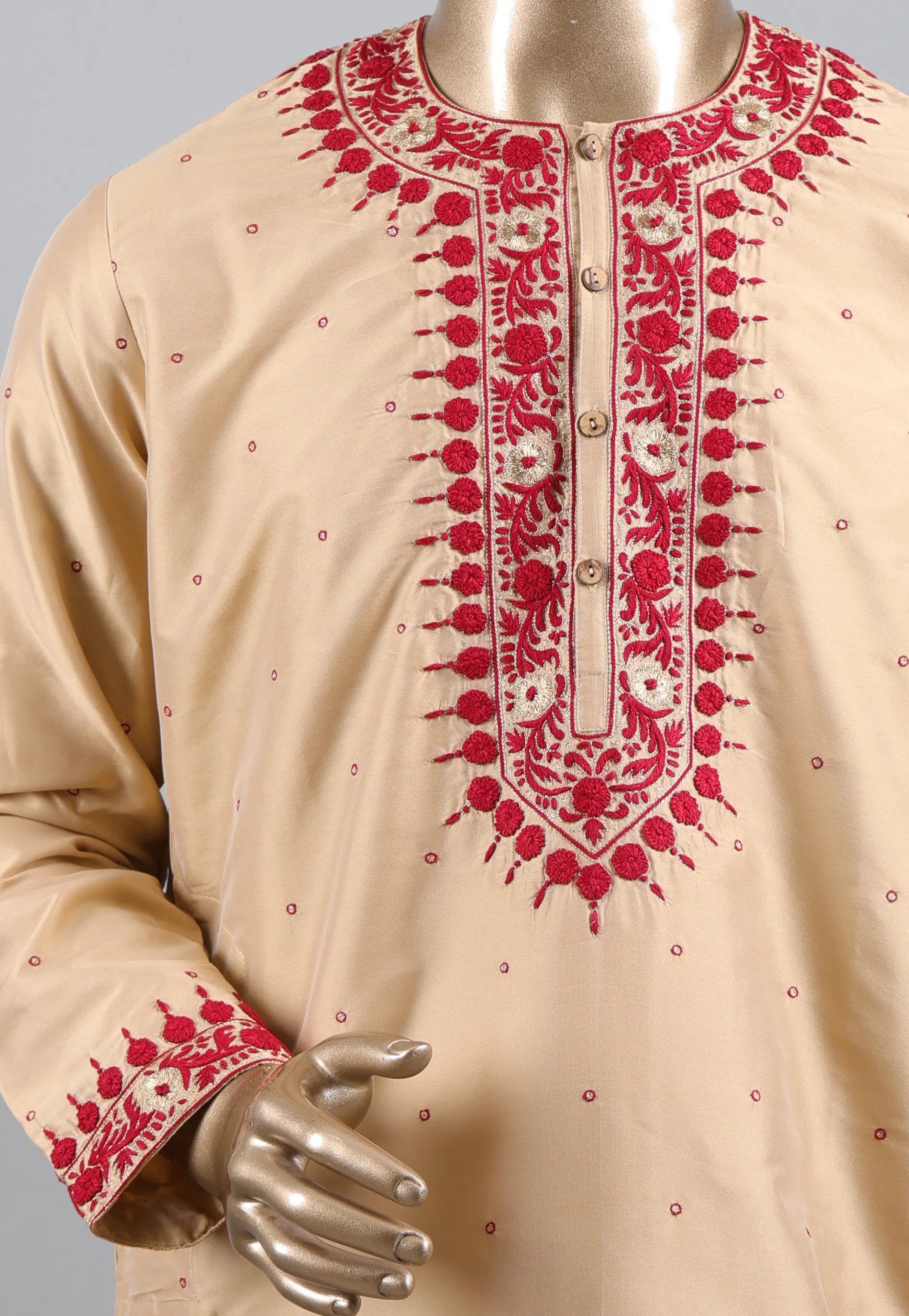 Beige Punjabi with Red Embroidery Work - Adi Akshoy & Co.