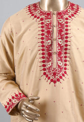 Beige Punjabi with Red Embroidery Work - Adi Akshoy & Co.