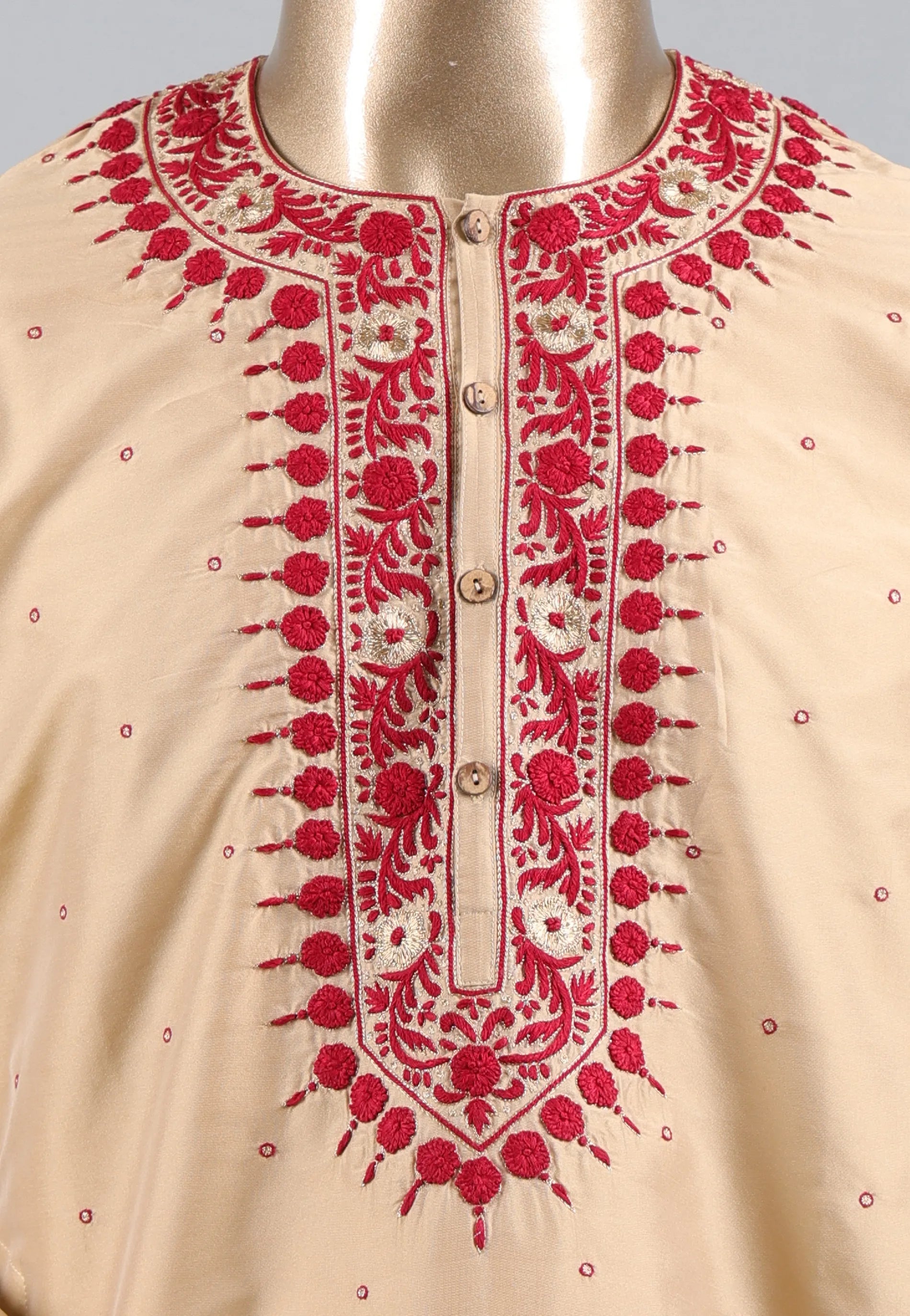 Beige Punjabi with Red Embroidery Work - Adi Akshoy & Co.