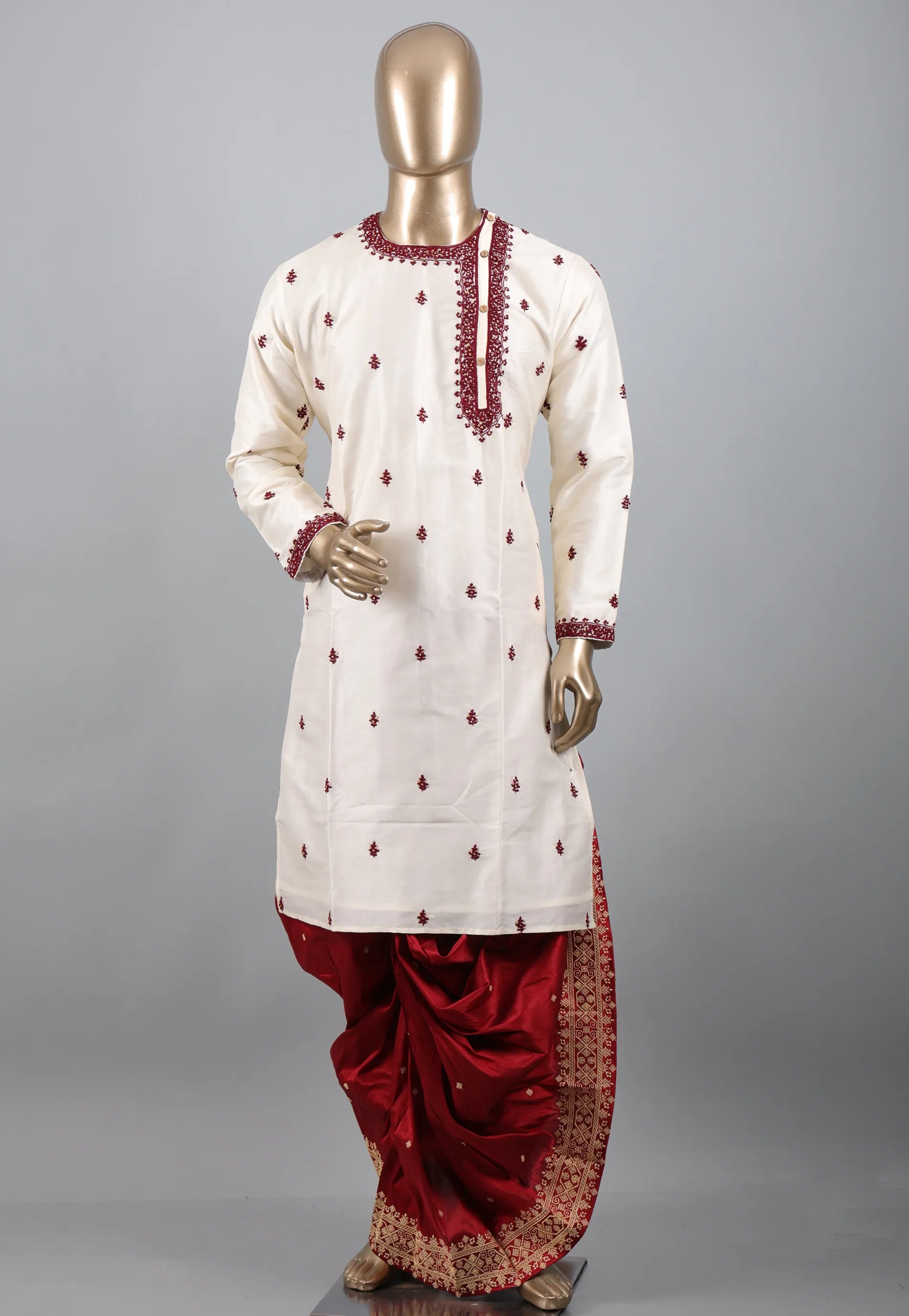 White Punjabi with Maroon Embroidery Work - Adi Akshoy & Co.
