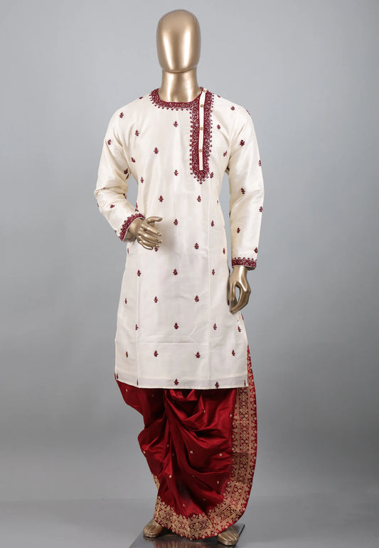 White Punjabi with Maroon Embroidery Work - Adi Akshoy & Co.