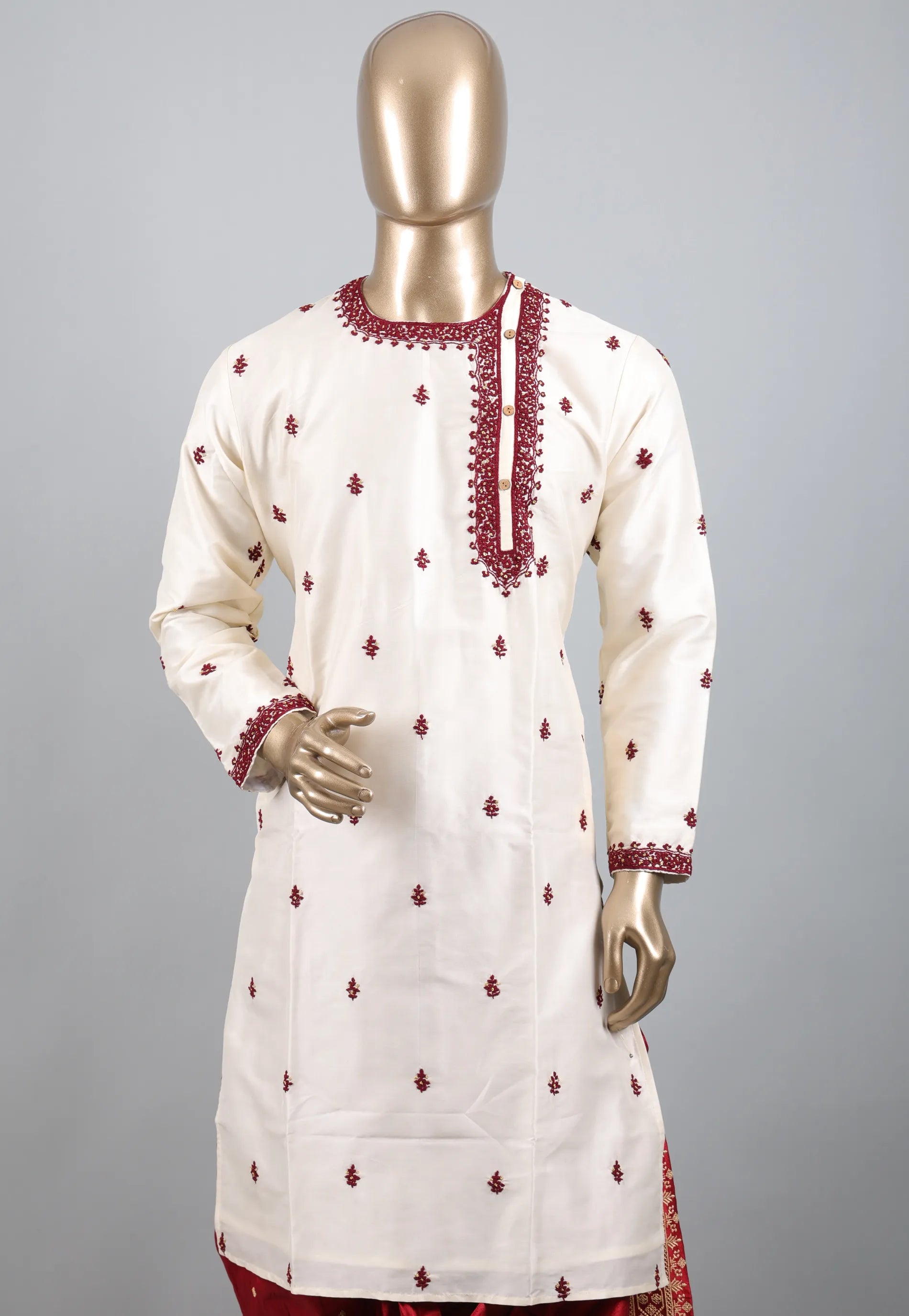 White Punjabi with Maroon Embroidery Work - Adi Akshoy & Co.