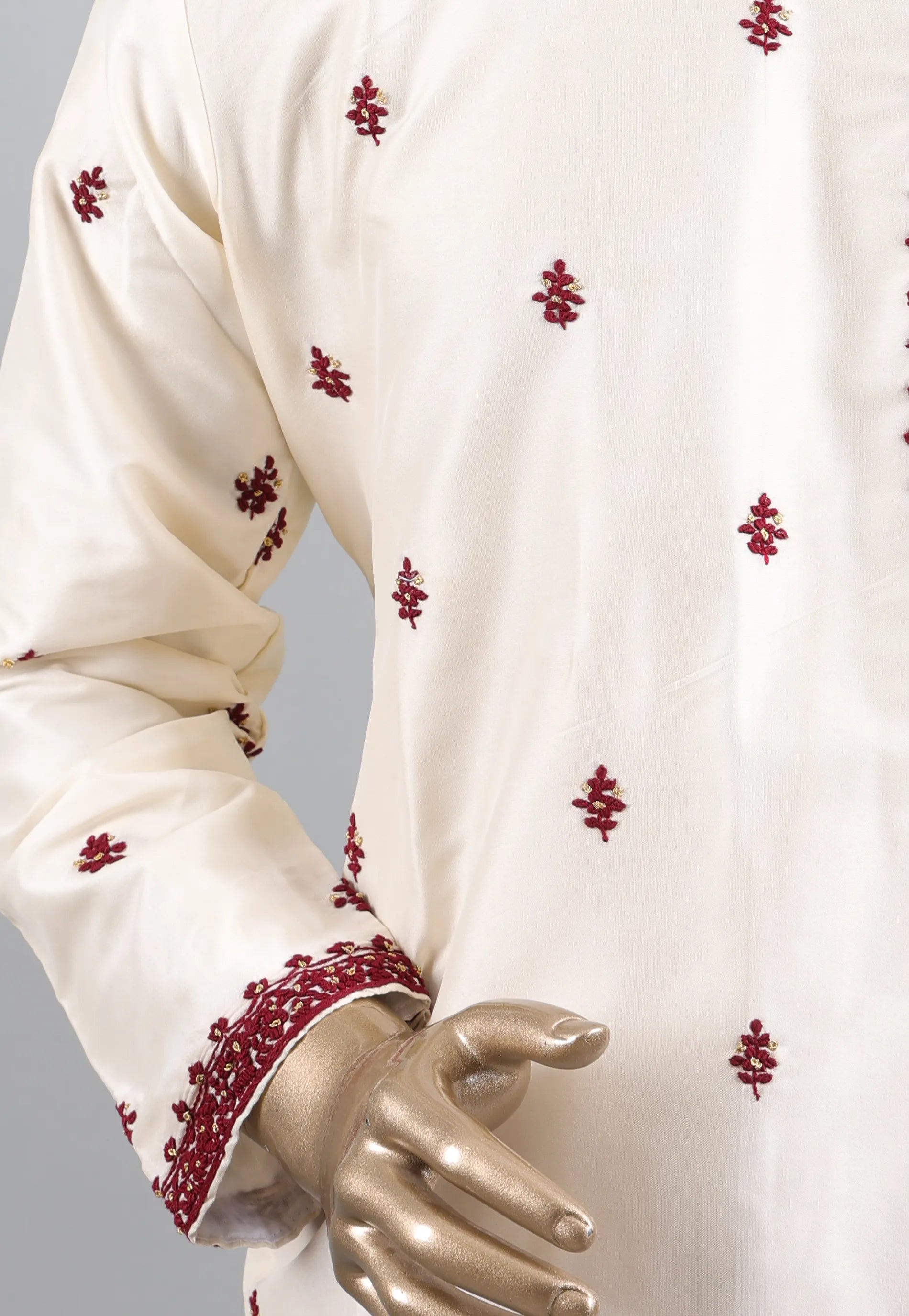 White Punjabi with Maroon Embroidery Work - Adi Akshoy & Co.