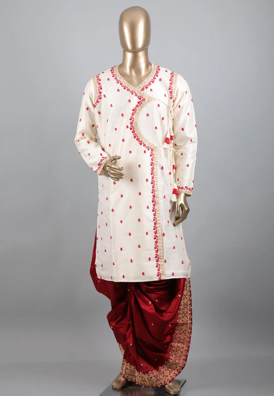 White Punjabi with Red Embroidery Work - Adi Akshoy & Co.