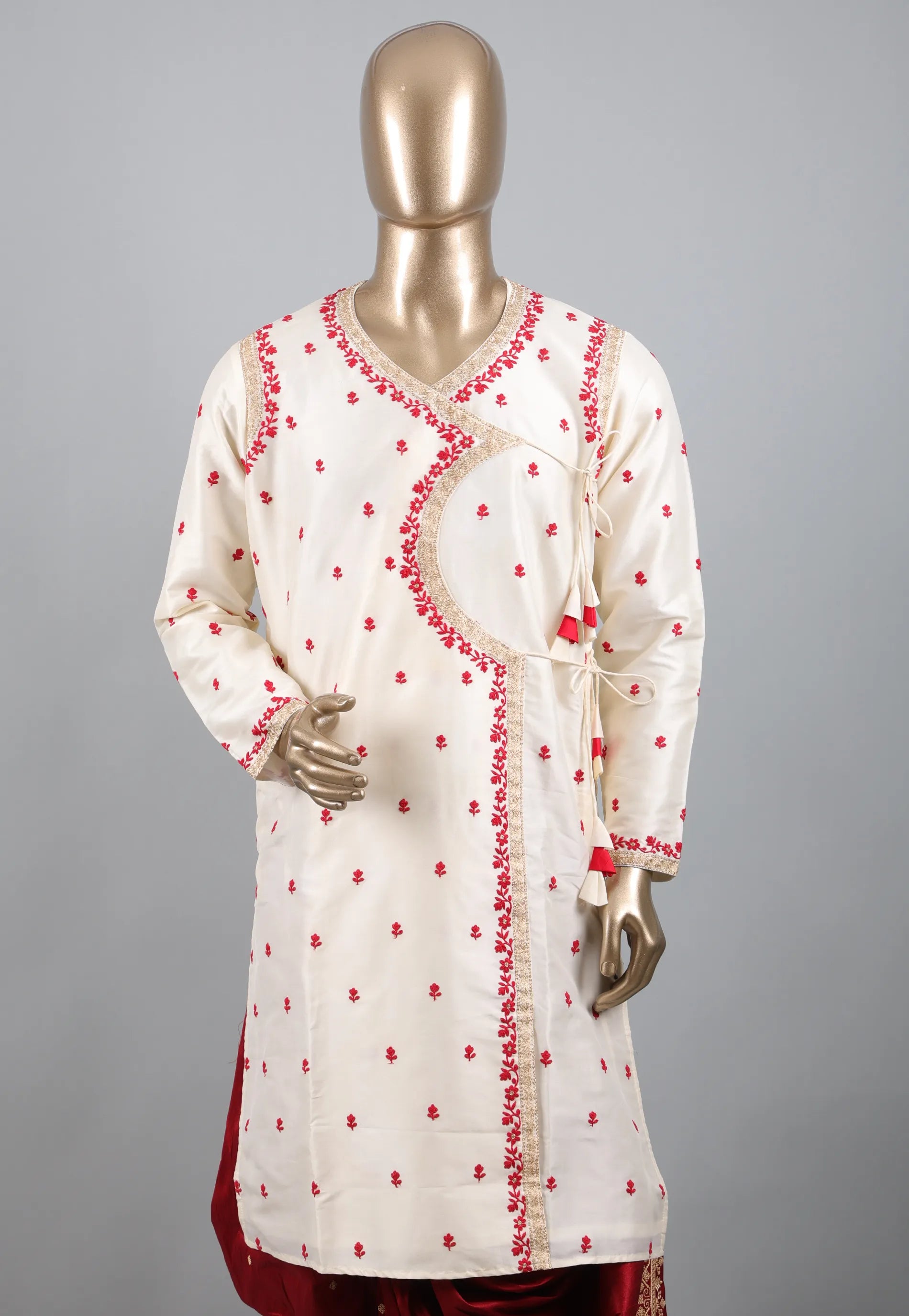 White Punjabi with Red Embroidery Work - Adi Akshoy & Co.