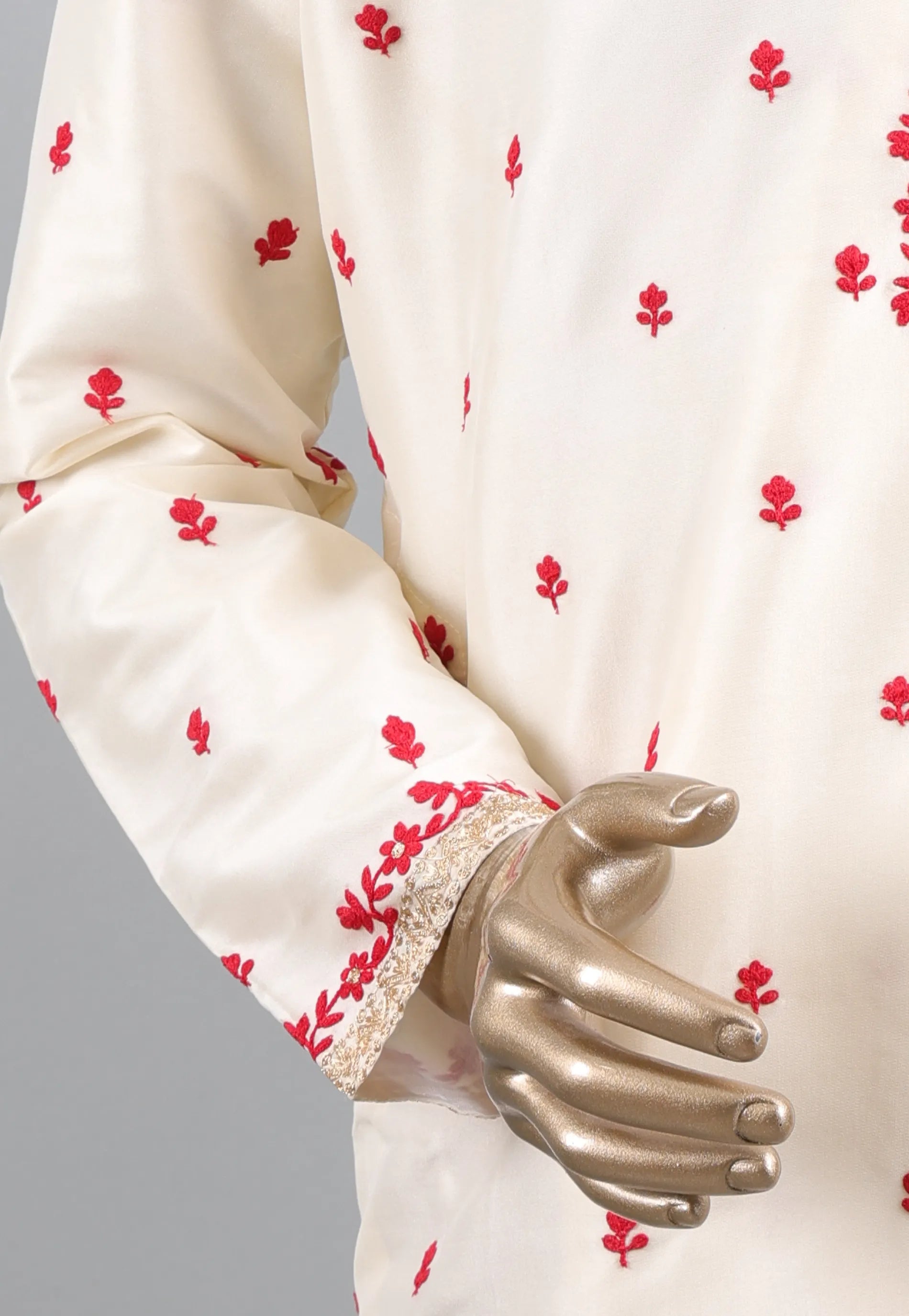 White Punjabi with Red Embroidery Work - Adi Akshoy & Co.