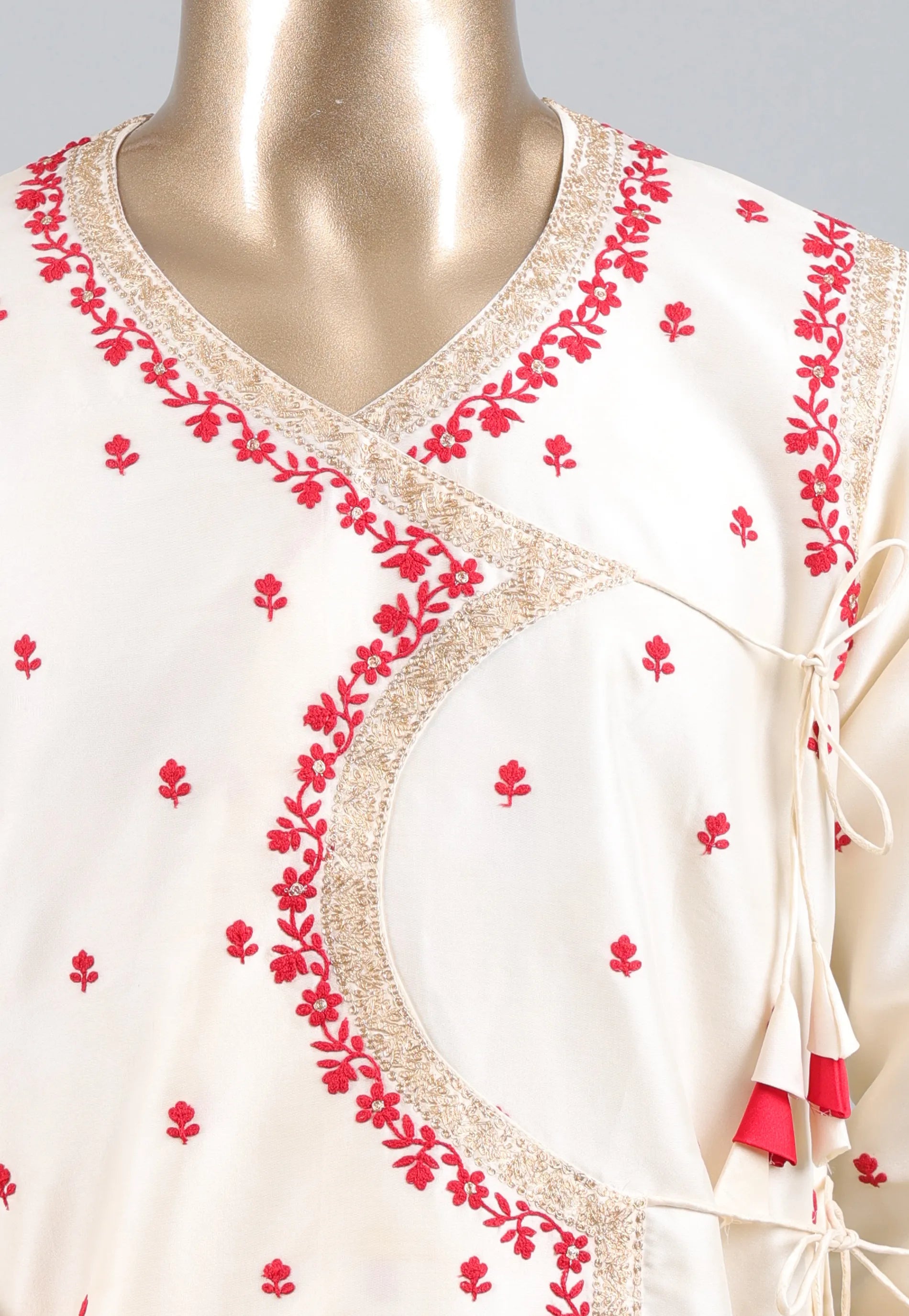White Punjabi with Red Embroidery Work - Adi Akshoy & Co.