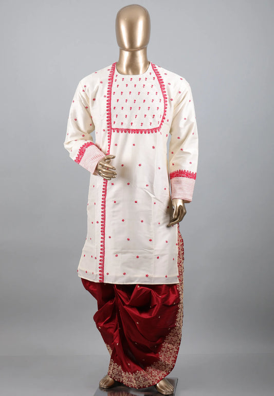 White Punjabi with Rani Embroidery Work - Adi Akshoy & Co.