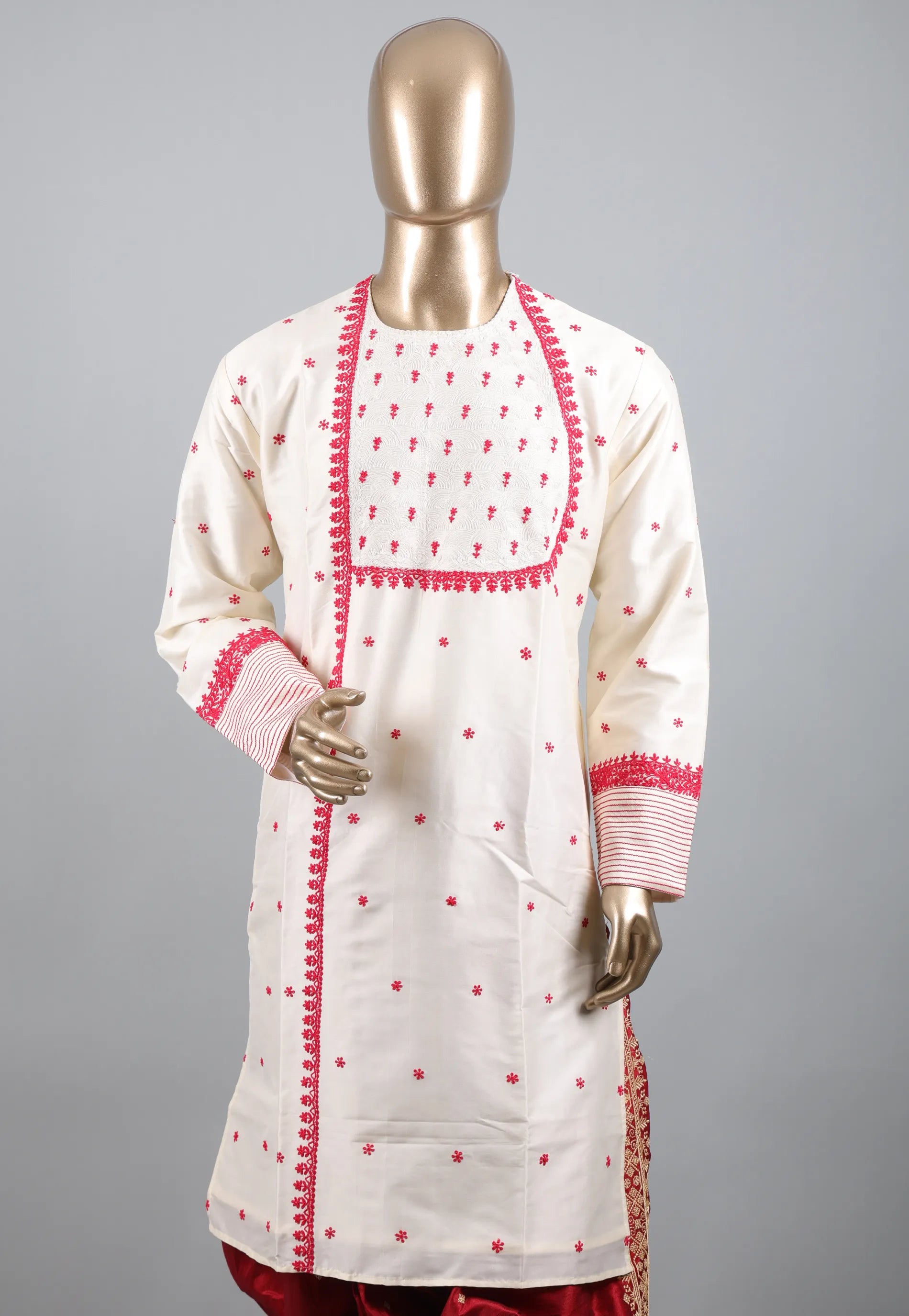 White Punjabi with Rani Embroidery Work - Adi Akshoy & Co.