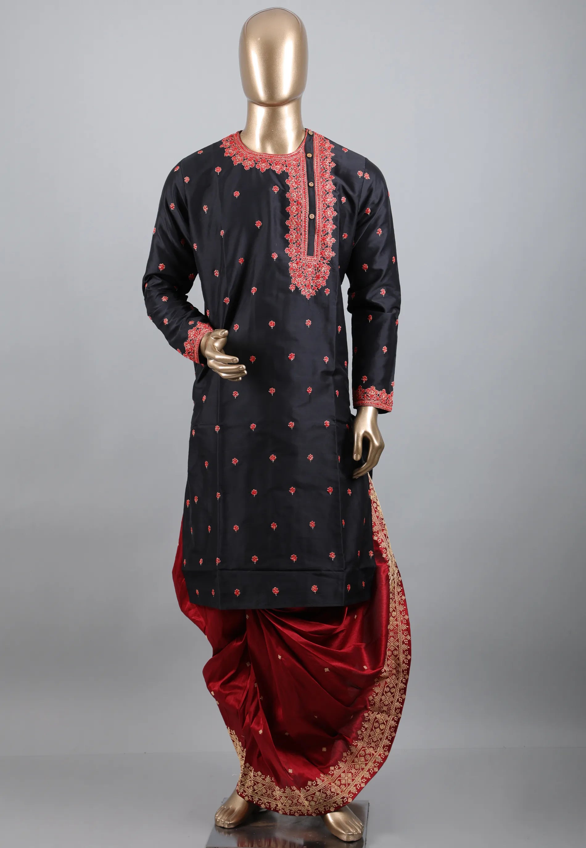 Black Punjabi with Red Embroidery & Zari Work - Adi Akshoy & Co.