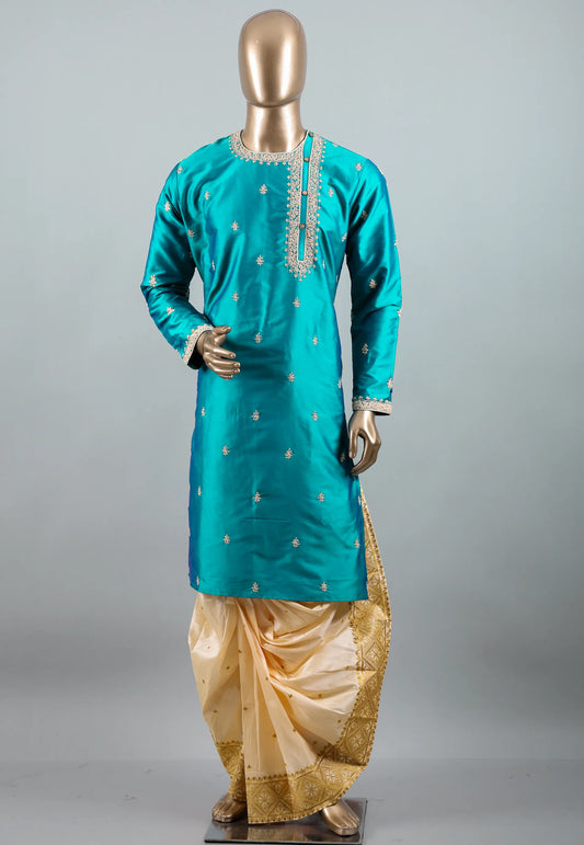 Sea Green Punjabi with Embroidery Zari work - Adi Akshoy & Co.