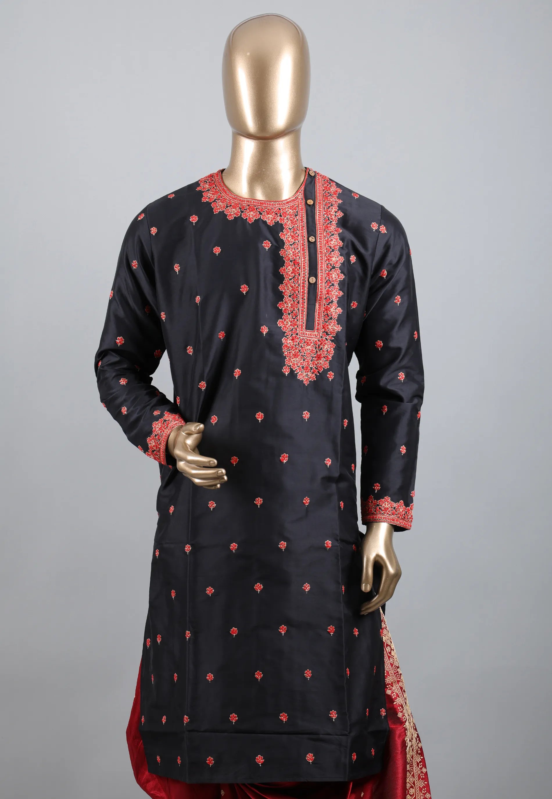 Black Punjabi with Red Embroidery & Zari Work - Adi Akshoy & Co.