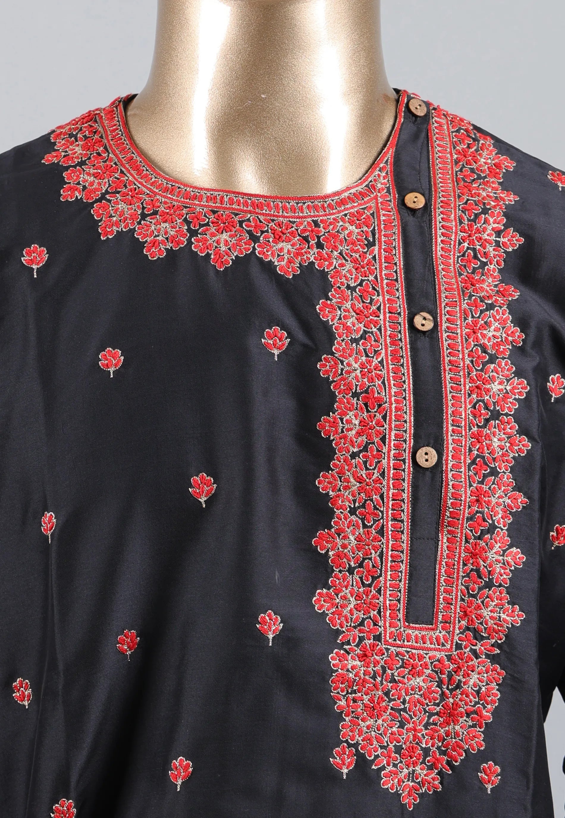 Black Punjabi with Red Embroidery & Zari Work - Adi Akshoy & Co.