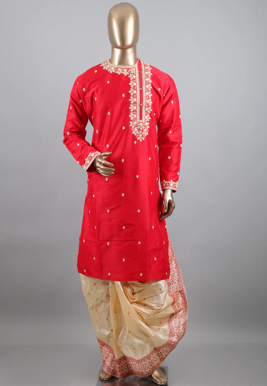 Red Punjabi with Embroidery & Zari Work - Adi Akshoy & Co.