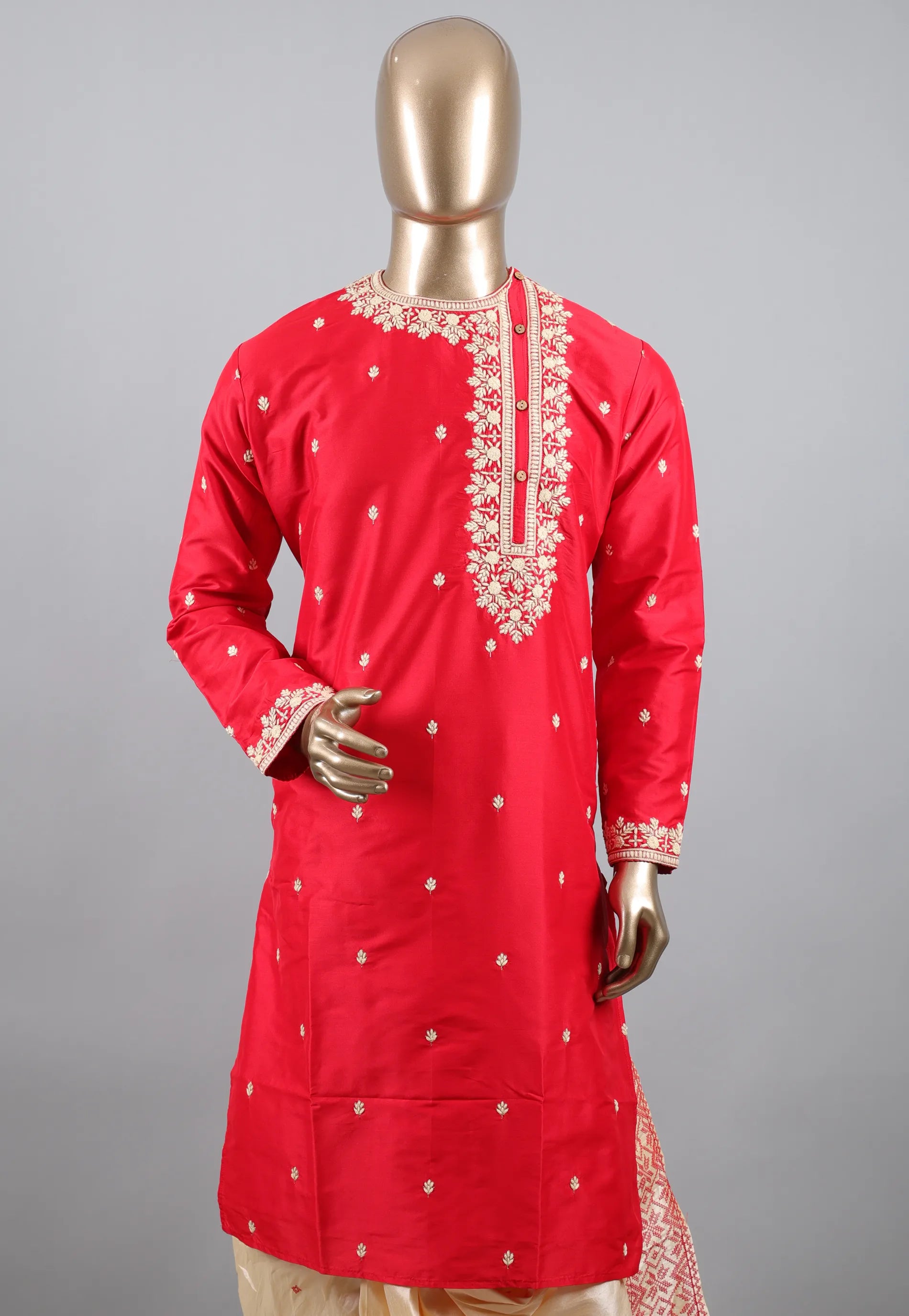 Red Punjabi with Embroidery & Zari Work - Adi Akshoy & Co.