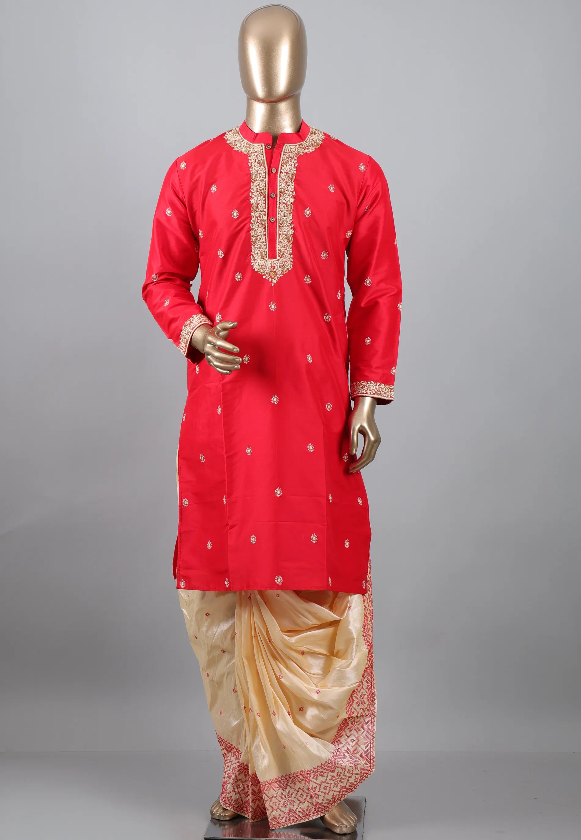 Red Punjabi with Embroidery & Zari Work - Adi Akshoy & Co.
