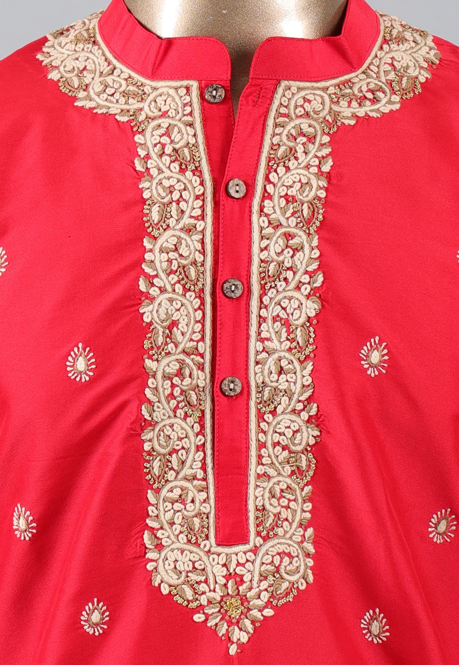 Red Punjabi with Embroidery & Zari Work - Adi Akshoy & Co.