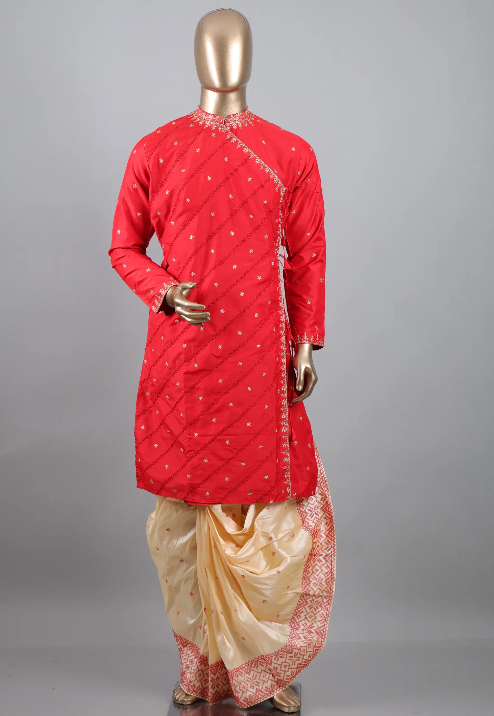 Red Punjabi with Embroidery & Zari Work - Adi Akshoy & Co.