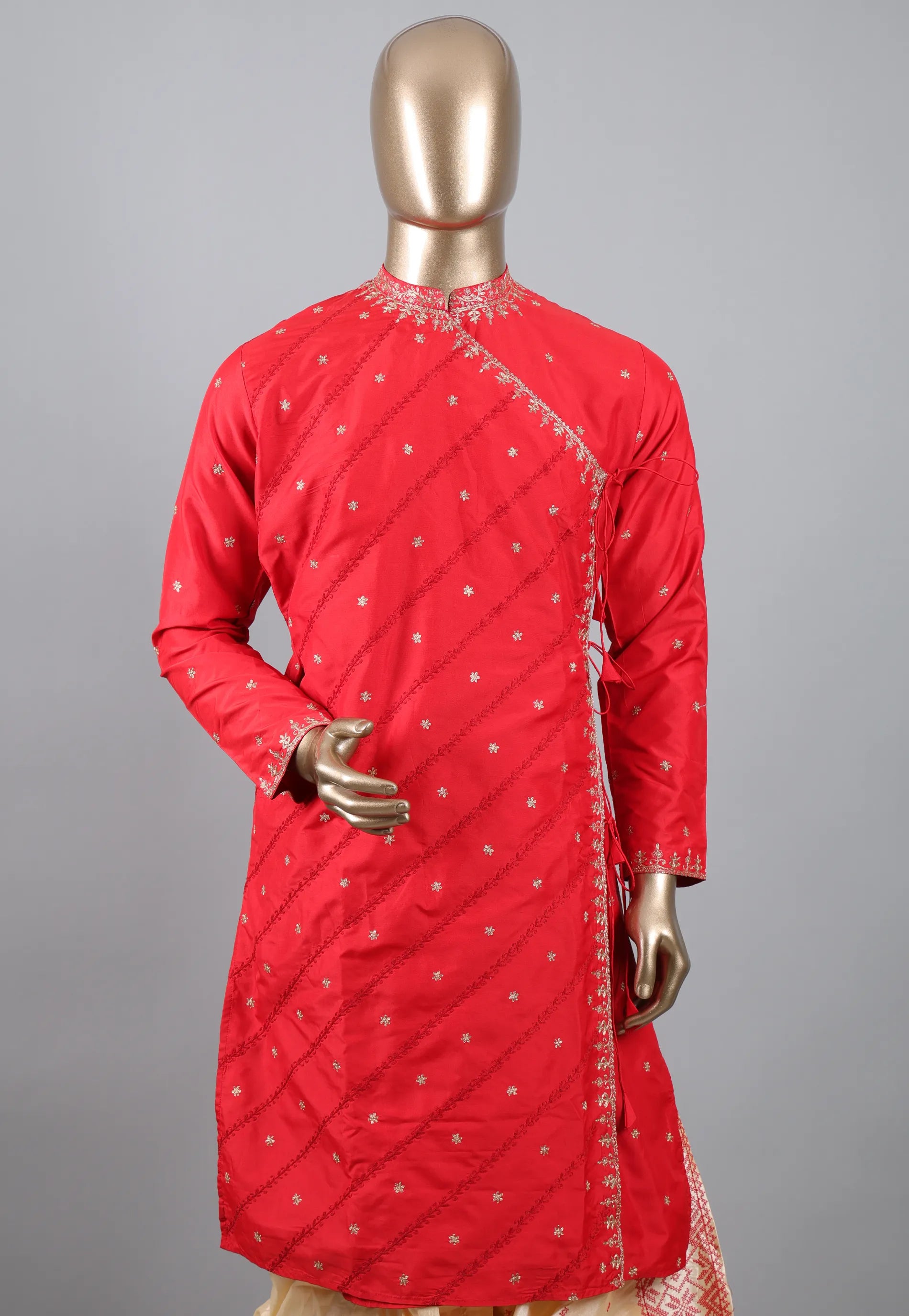 Red Punjabi with Embroidery & Zari Work - Adi Akshoy & Co.