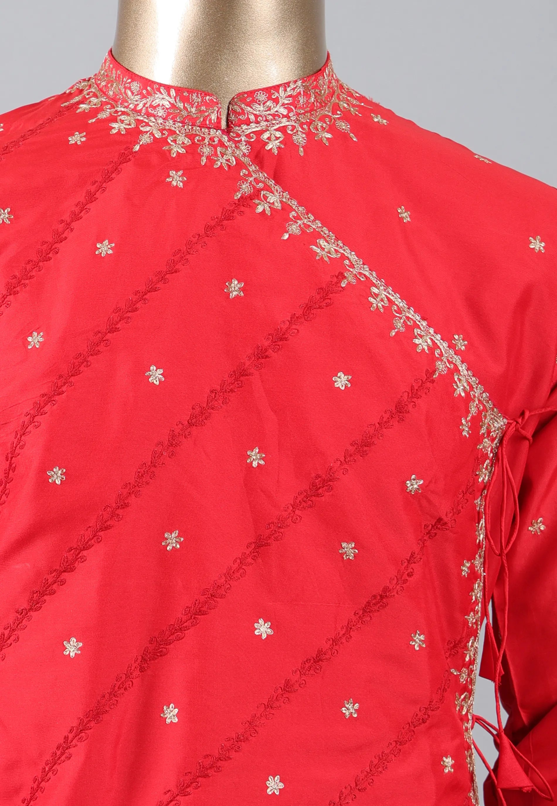 Red Punjabi with Embroidery & Zari Work - Adi Akshoy & Co.