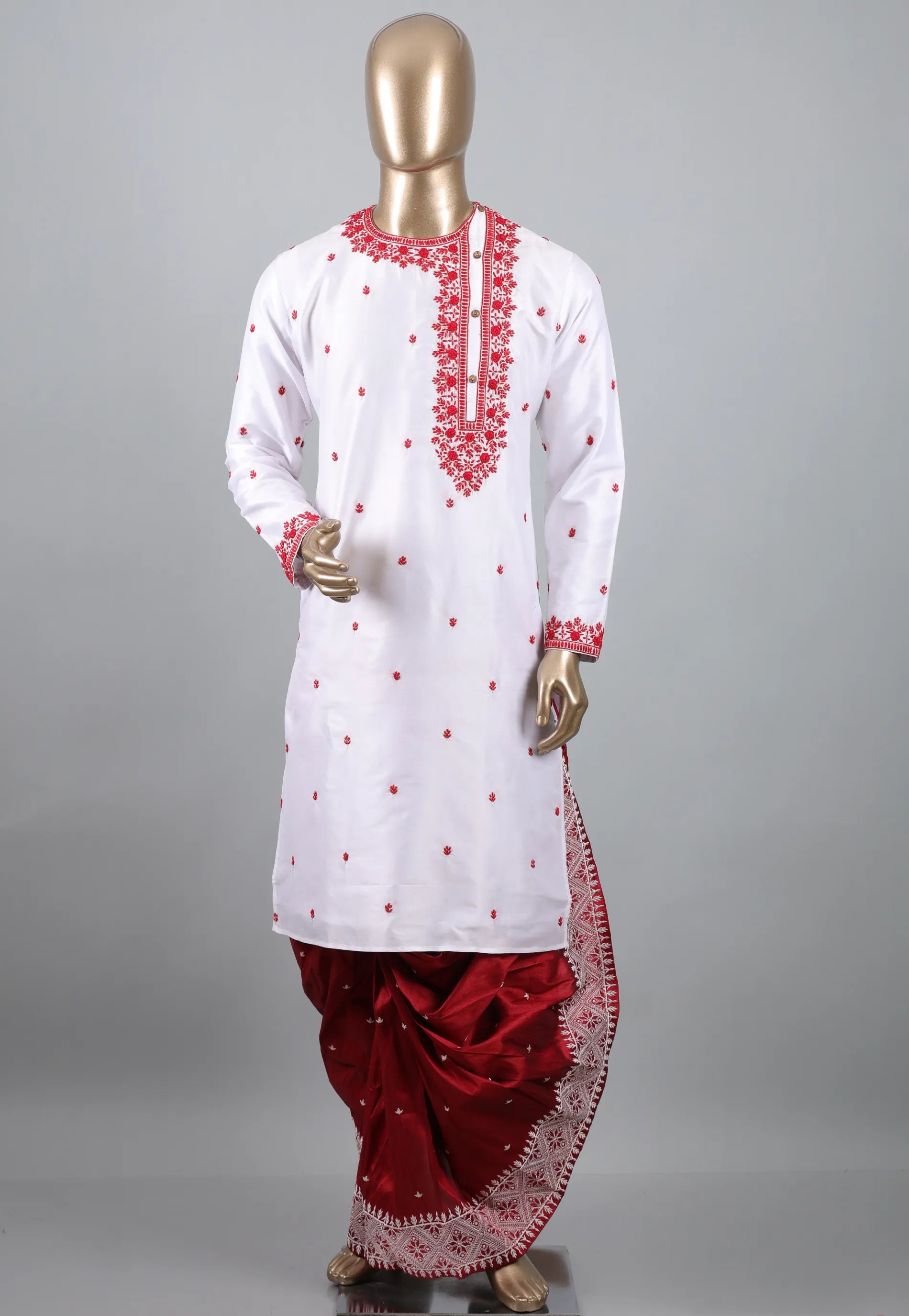 White Punjabi with Red Embroidery Work - Adi Akshoy & Co.