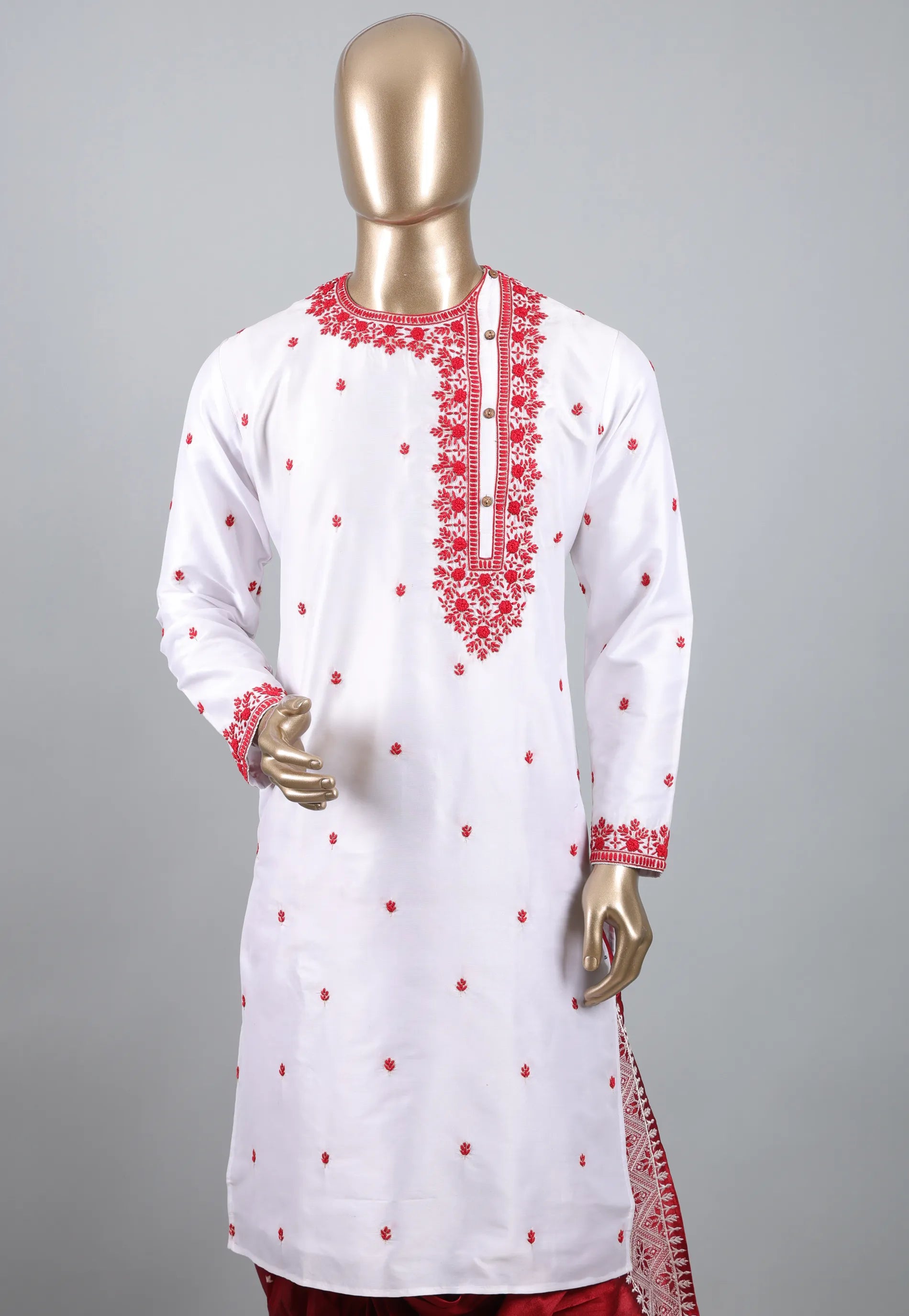 White Punjabi with Red Embroidery Work - Adi Akshoy & Co.